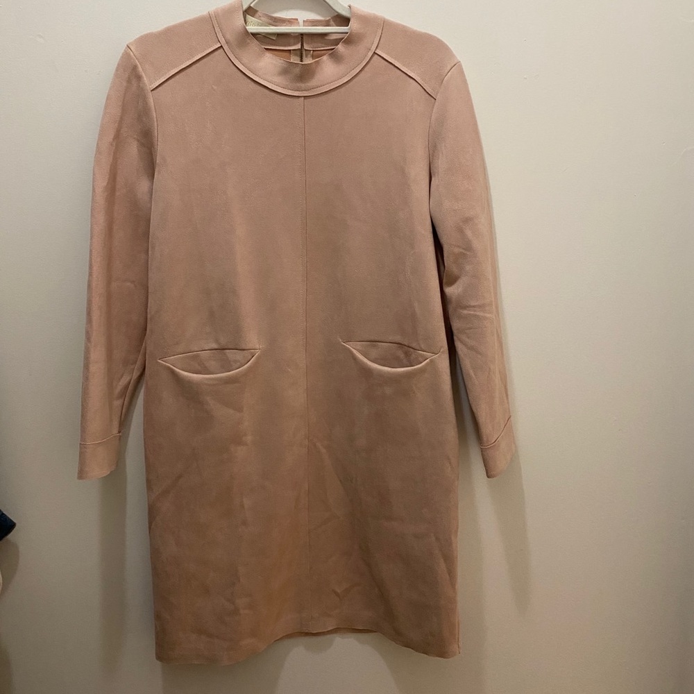 Baby pink suede mini shift dress with pockets